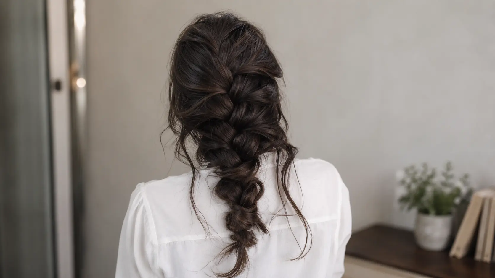 Back view of a woman with dark brown hair in a loose, messy French braid, wearing a white shirt.