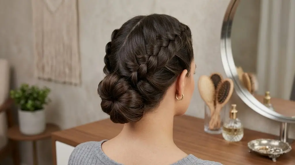 Back view of a woman with dark brown hair styled in double Dutch braids gathered into a low braided bun.
