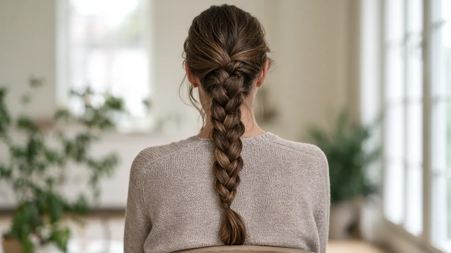 Back view of a woman with dark brown hair styled in a classic three-strand braid, wearing a beige sweater.