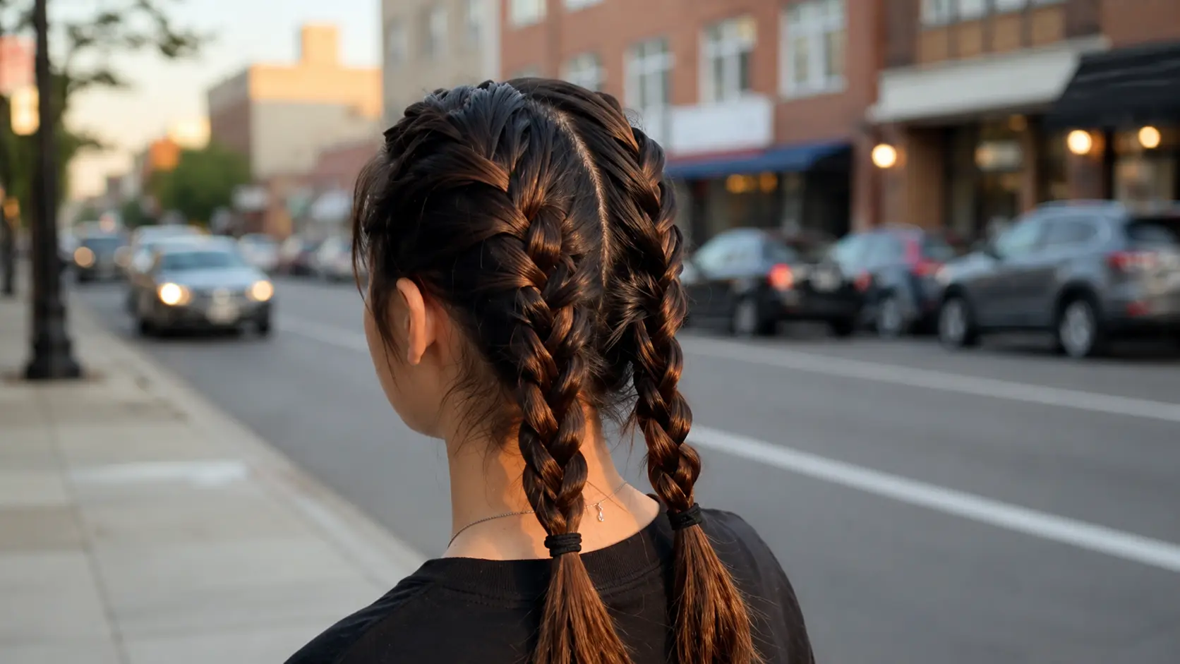 Back view of a woman with dark brown hair styled in double French pigtail braids, standing outdoors near a street.