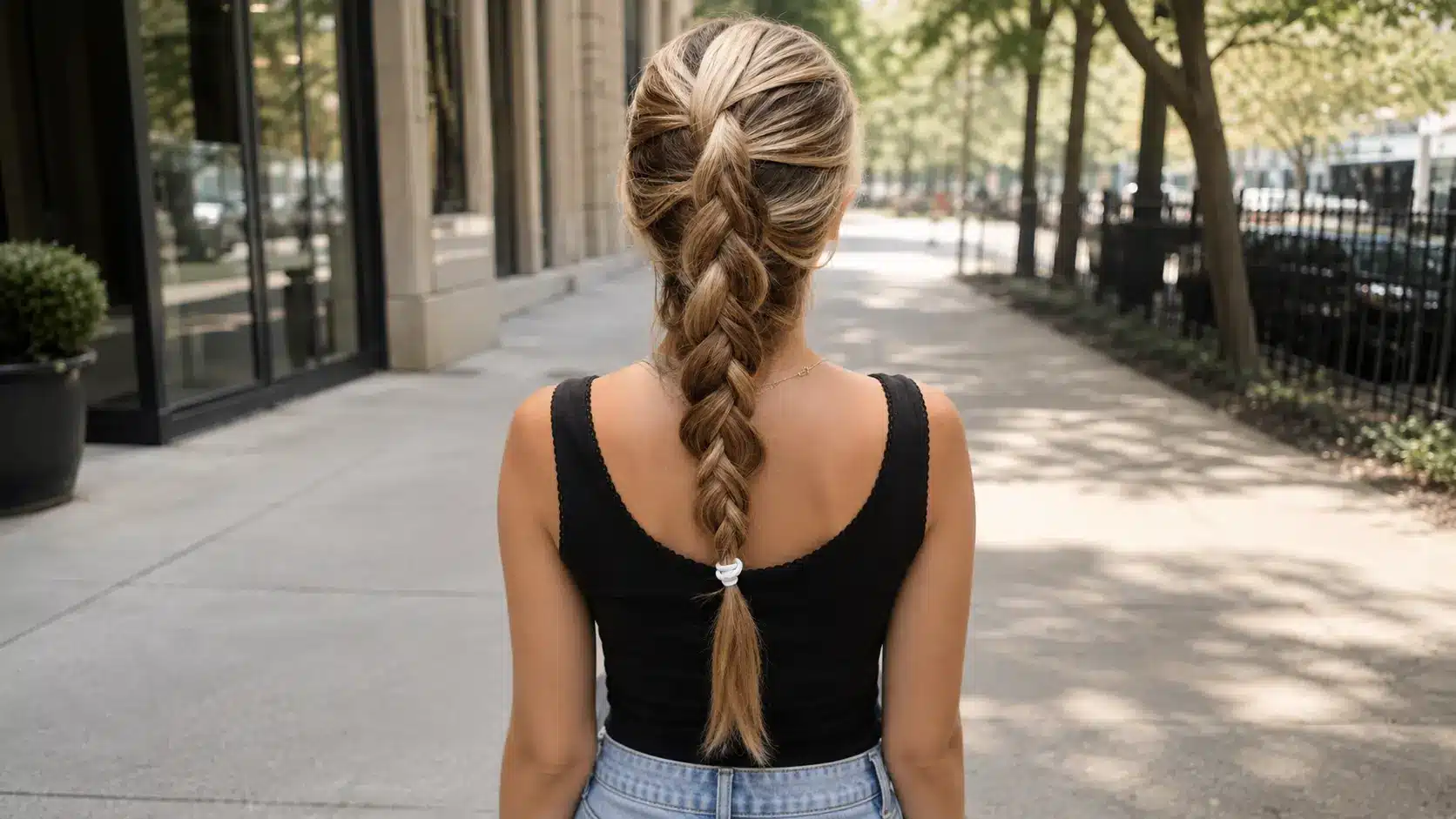 Back view of a woman with highlighted blonde hair styled in a loose French braid, wearing a black tank top