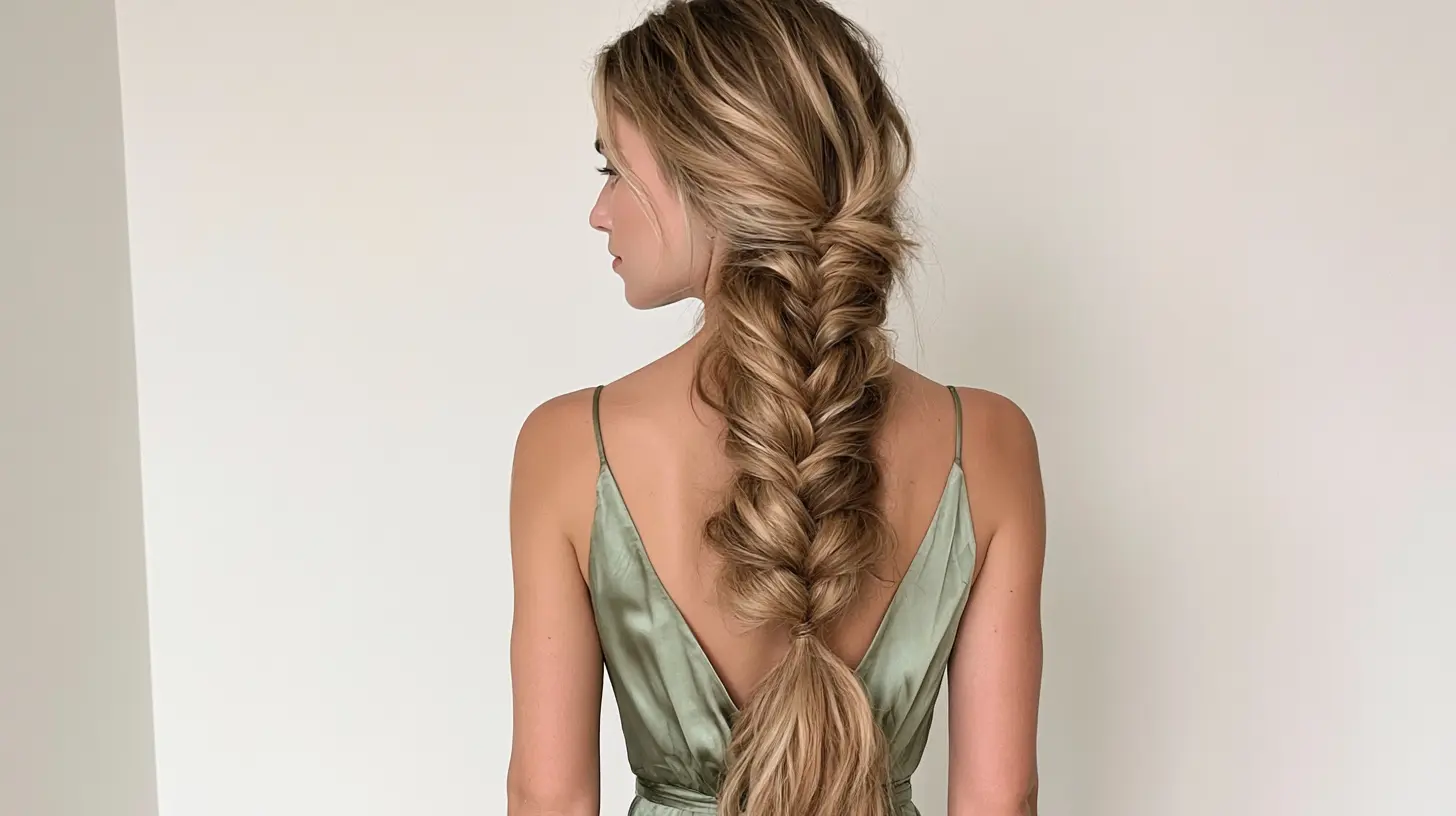 Back view of a woman with highlighted blonde hair styled in a loose, voluminous braid