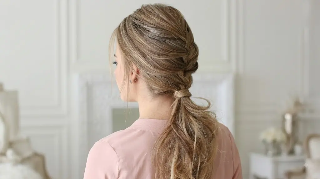 Back view of a woman with highlighted blonde hair styled in a braided low ponytail, wearing a pink top.
