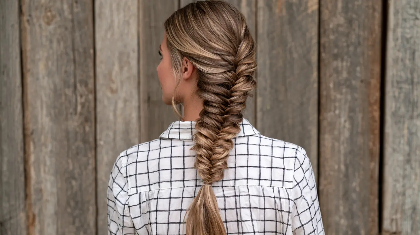Back view of a woman with highlighted brown hair styled in a long fishtail braid, wearing a plaid shirt.