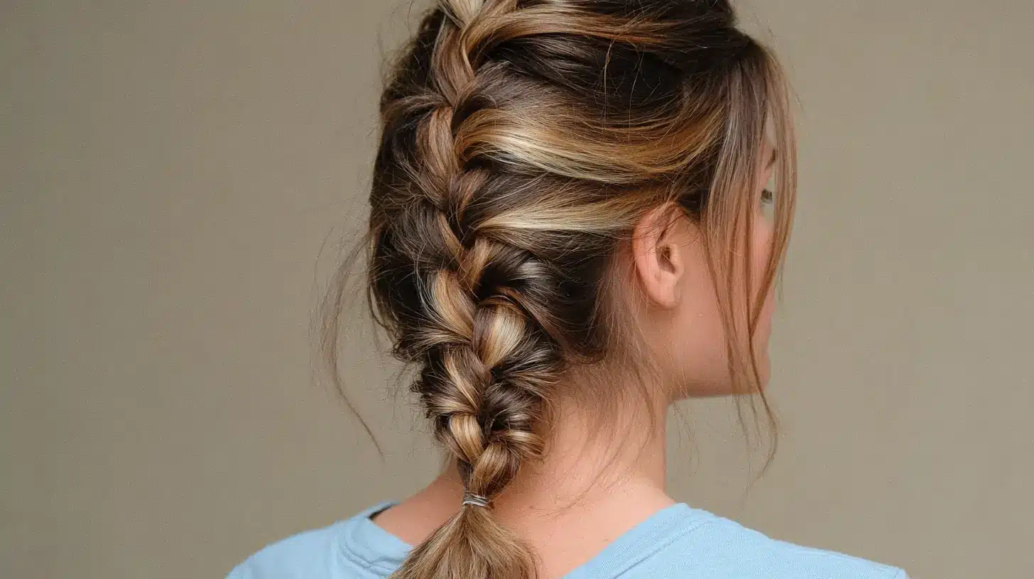 Back view of a woman with highlighted light brown hair styled in a French braid, wearing a light blue shirt.