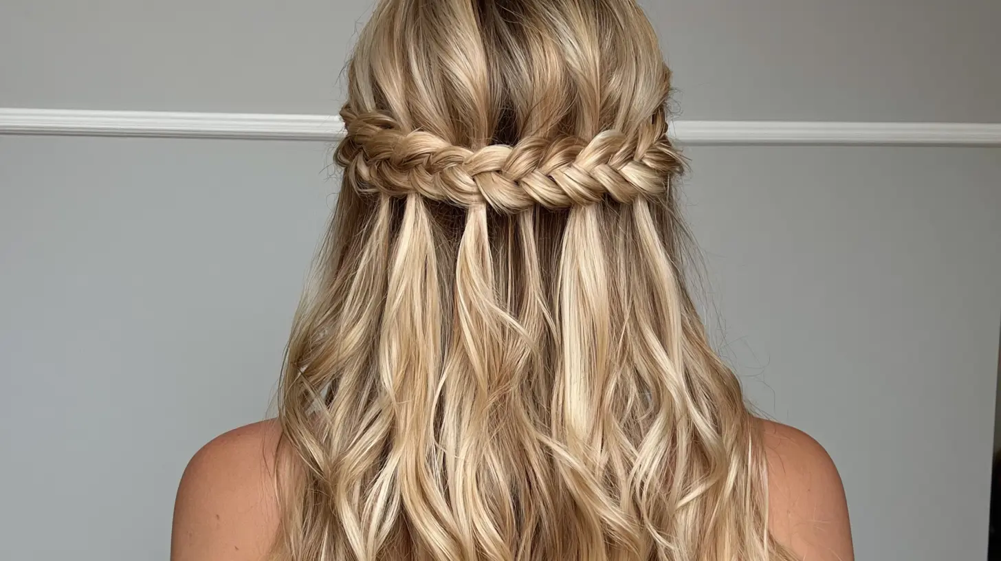 Back view of a woman with long blonde hair styled in a half-up waterfall braid with loose waves.