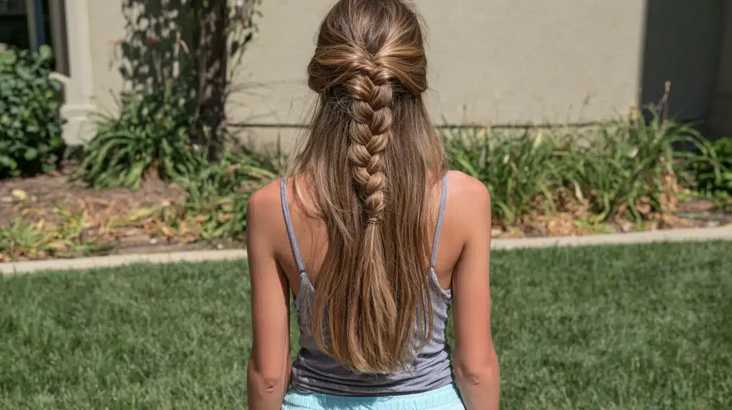 Back view of a woman with long light brown hair styled in a half-up braid