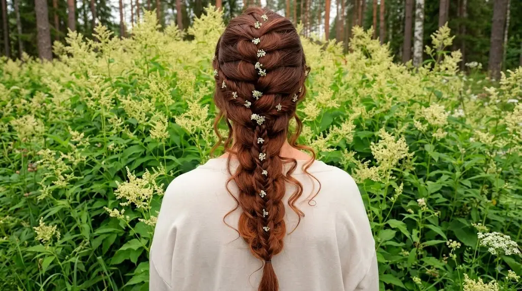 Back view of a woman with reddish-brown hair in an intricate braid decorated with tiny white flowers, outdoors in nature.