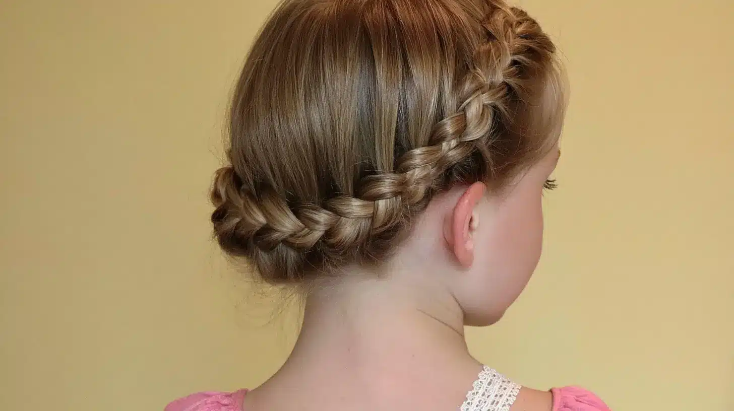 Back view of a young girl with blonde hair styled in a braided crown or milkmaid braid, wearing pink.
