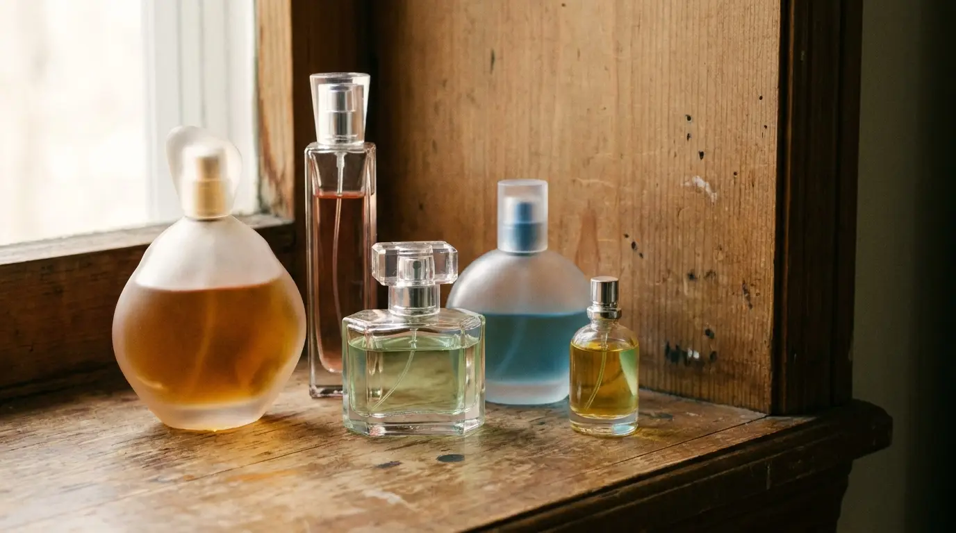 Collection of perfume bottles on rustic wooden windowsill in natural light