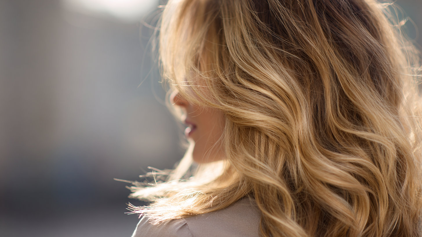 Soft blonde balayage waves blending from dark roots to light ends