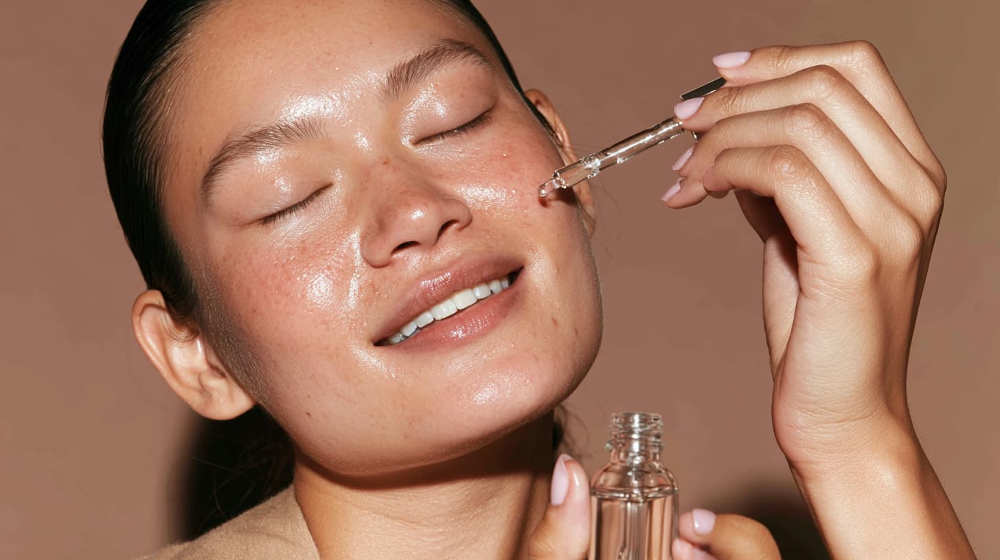 A woman with glowing skin applying a serum or facial oil to her cheek using a glass dropper.