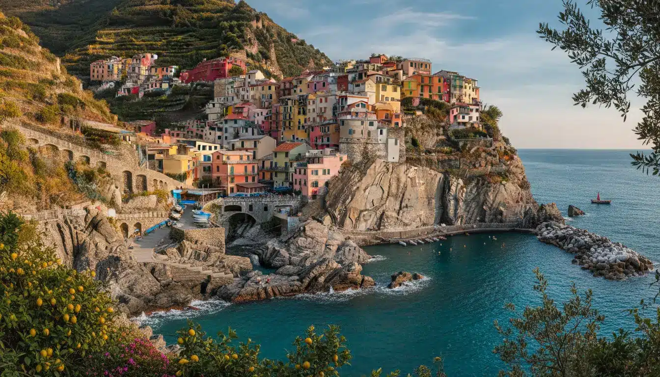 Colorful cliffside village with terraced hills overlooking a serene ocean bay in warm evening light