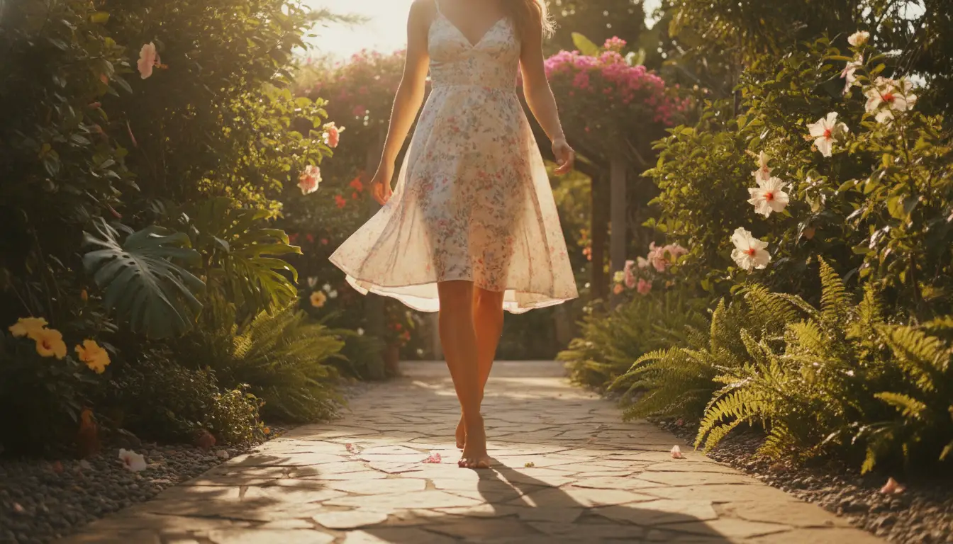 Woman in a flowery sundress walking down a sunlit garden path surrounded by blooming plants