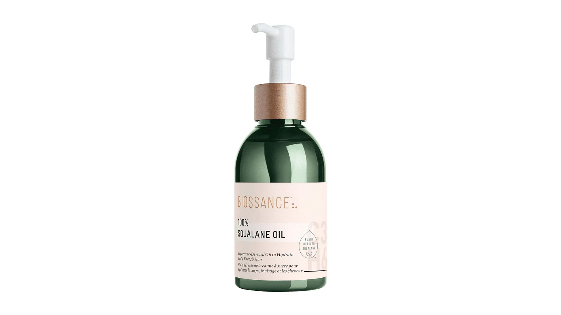 Biossance 100% squalane oil bottle with green glass packaging and pump dispenser displayed on a clean white background