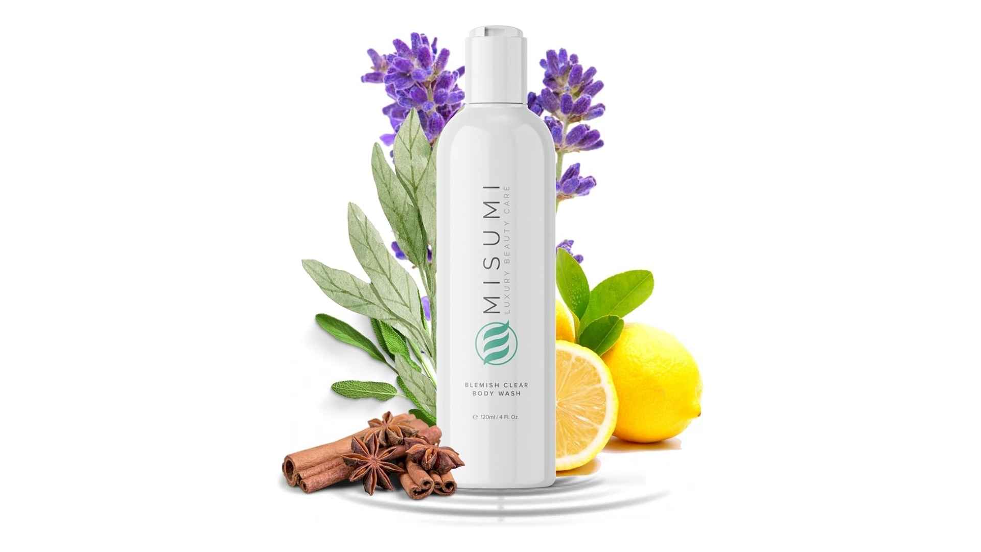MISUMI blemish clear body wash bottle with lavender, lemon, cinnamon, and natural botanicals