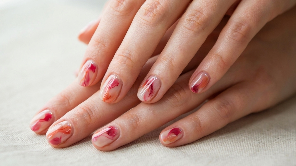 Close up manicure showing rounded nails with soft marbled blooming gel patterns