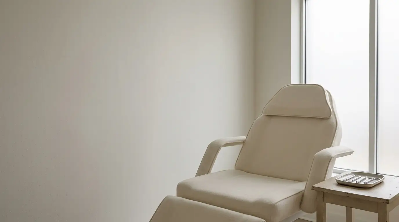 Beige reclining chair in a minimalistic spa room with natural light