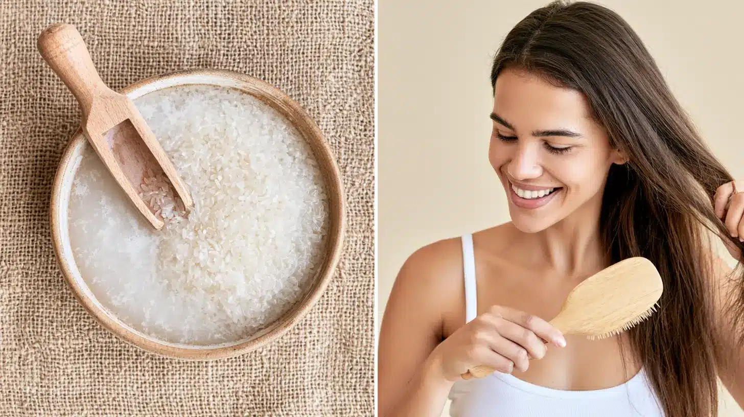 Bowl of rice water with a wooden scoop alongside a smiling woman brushing her long brown hair.