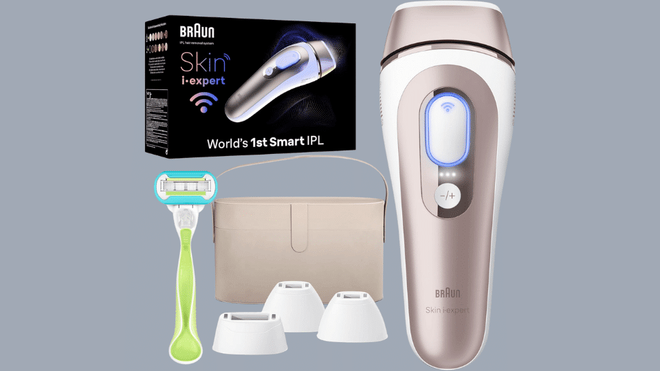 Braun Skin i-Expert Smart IPL device for at-home laser hair removal on a plain background