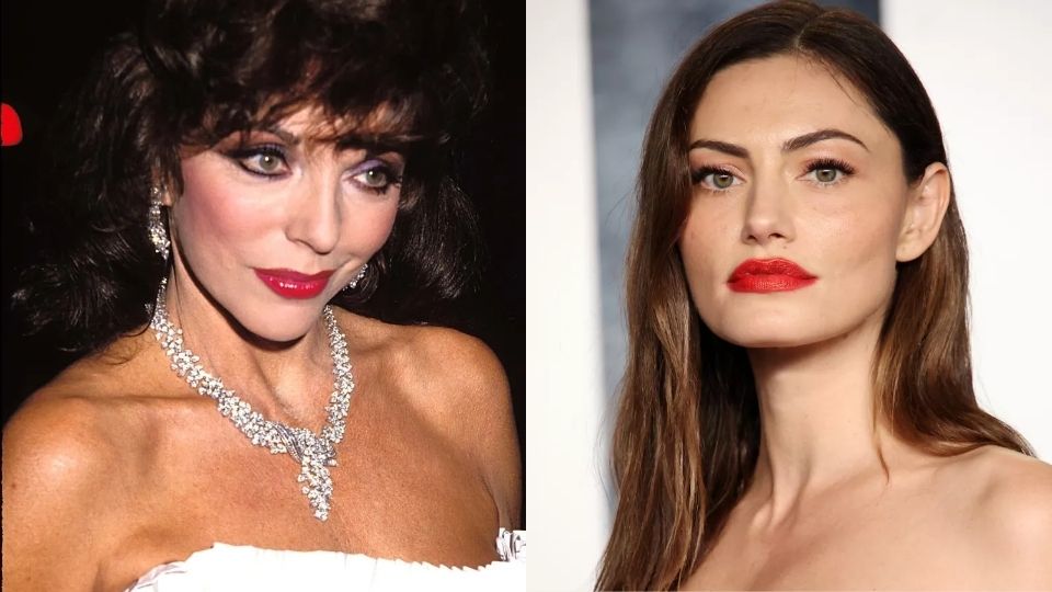 Joan Collins and Phoebe Tonkin in bright red lipstick 80s makeup look