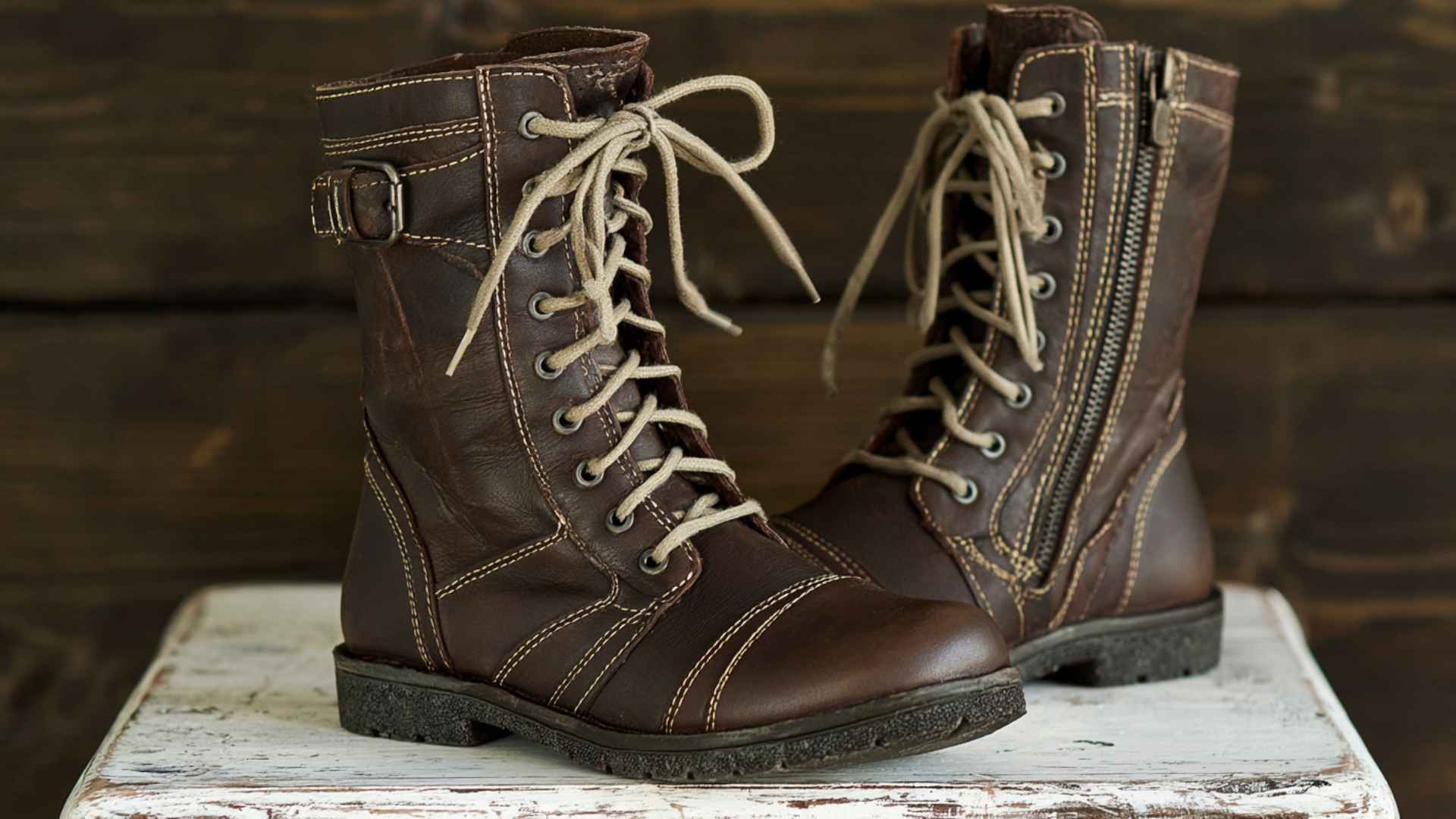 Brown leather work boots with lace up design sturdy soles and durable construction for outdoor jobs
