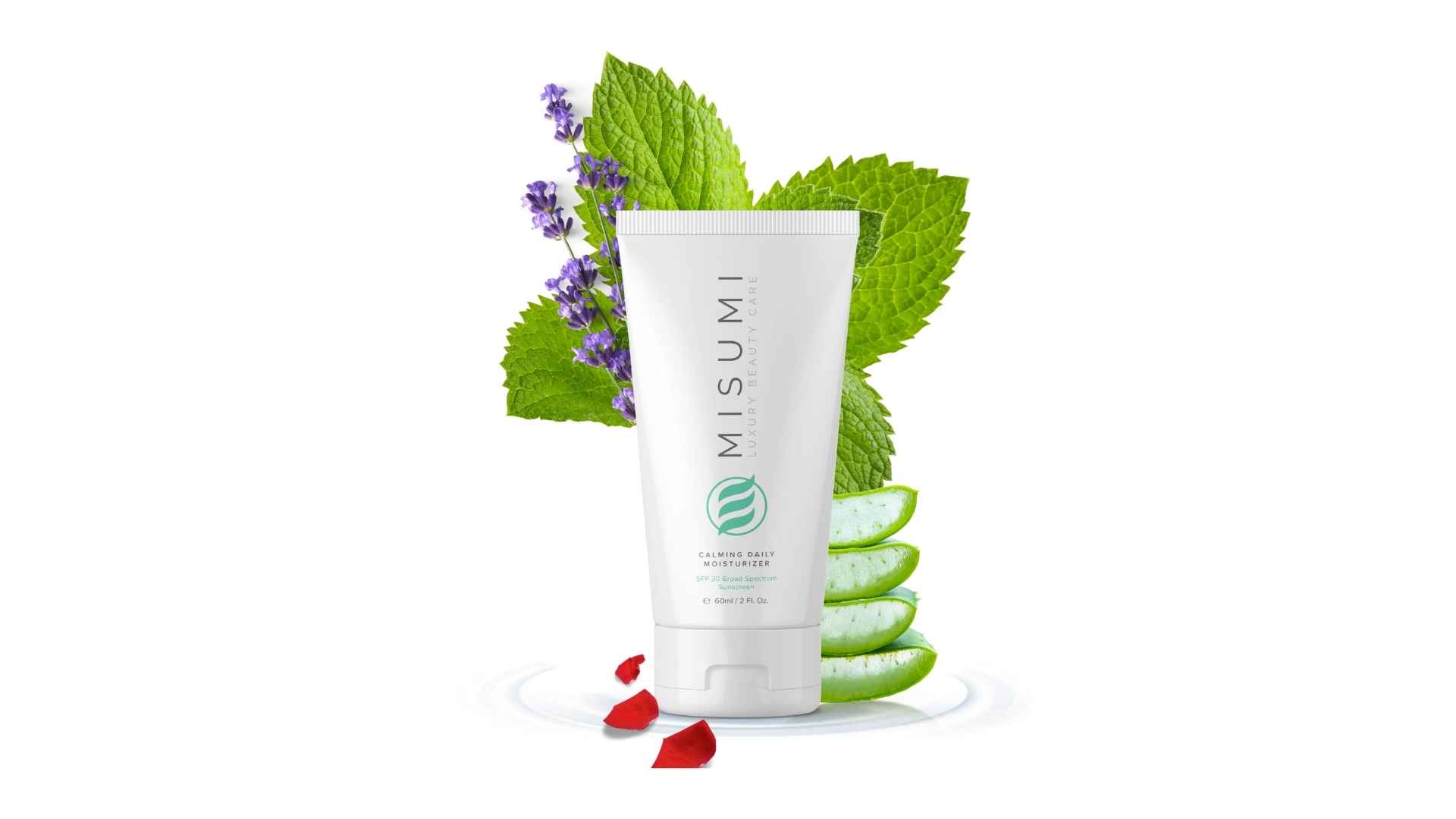 MISUMI calming daily moisturizer tube with aloe vera, mint leaves, lavender, and rose petals