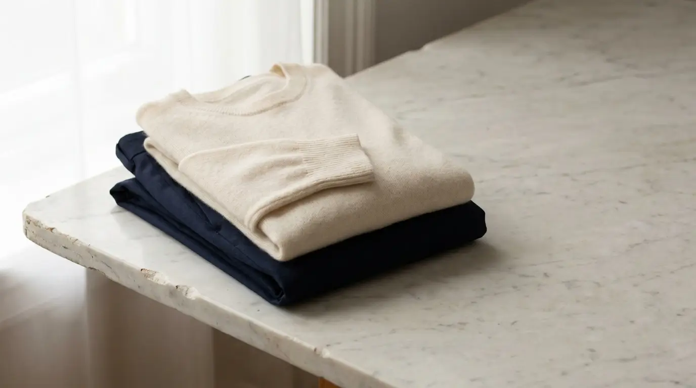 Cream sweater and navy pants neatly stacked on marble table in soft daylight