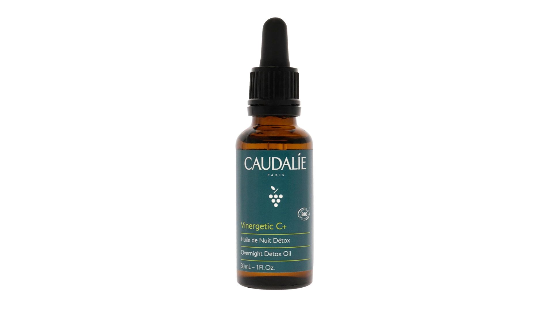 Caudalie Vinergetic C+ Overnight Detox Oil in an amber glass bottle with black dropper and dark green label on white
