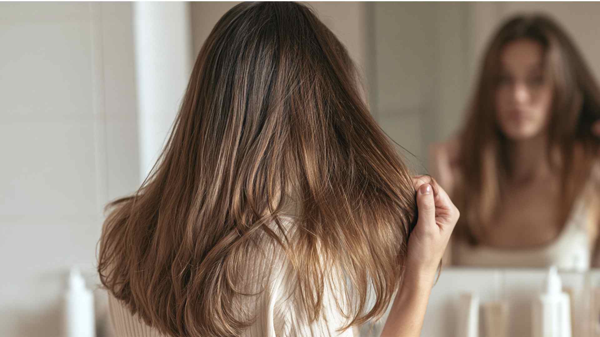 Checking hair texture and condition after using a rice water rinse to adjust the routine
