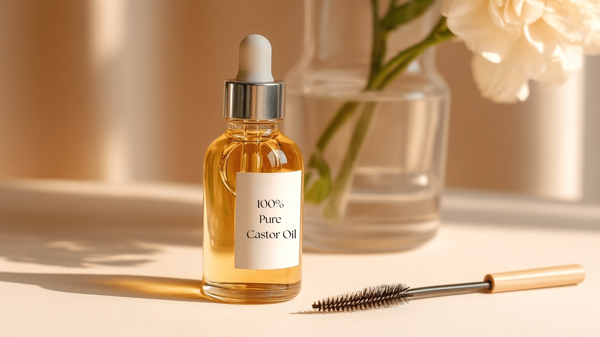 amber dropper bottle labeled pure castor oil beside a wand applicator and fresh white flowers