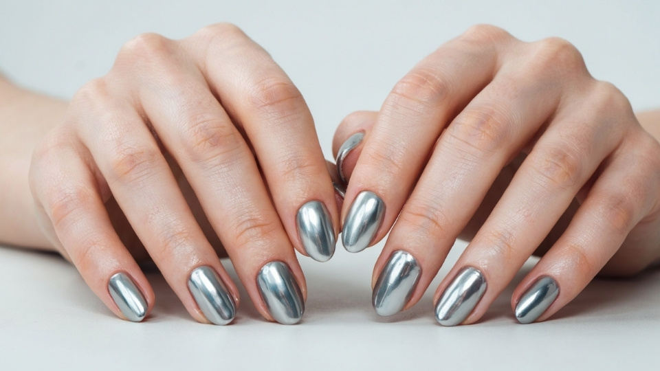 Close up hands showing rounded chrome nails with metallic shine and a polished futuristic finish