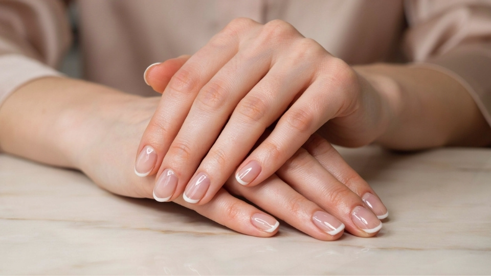 Close up manicure featuring rounded nails with traditional French design and clean glossy gel polish application