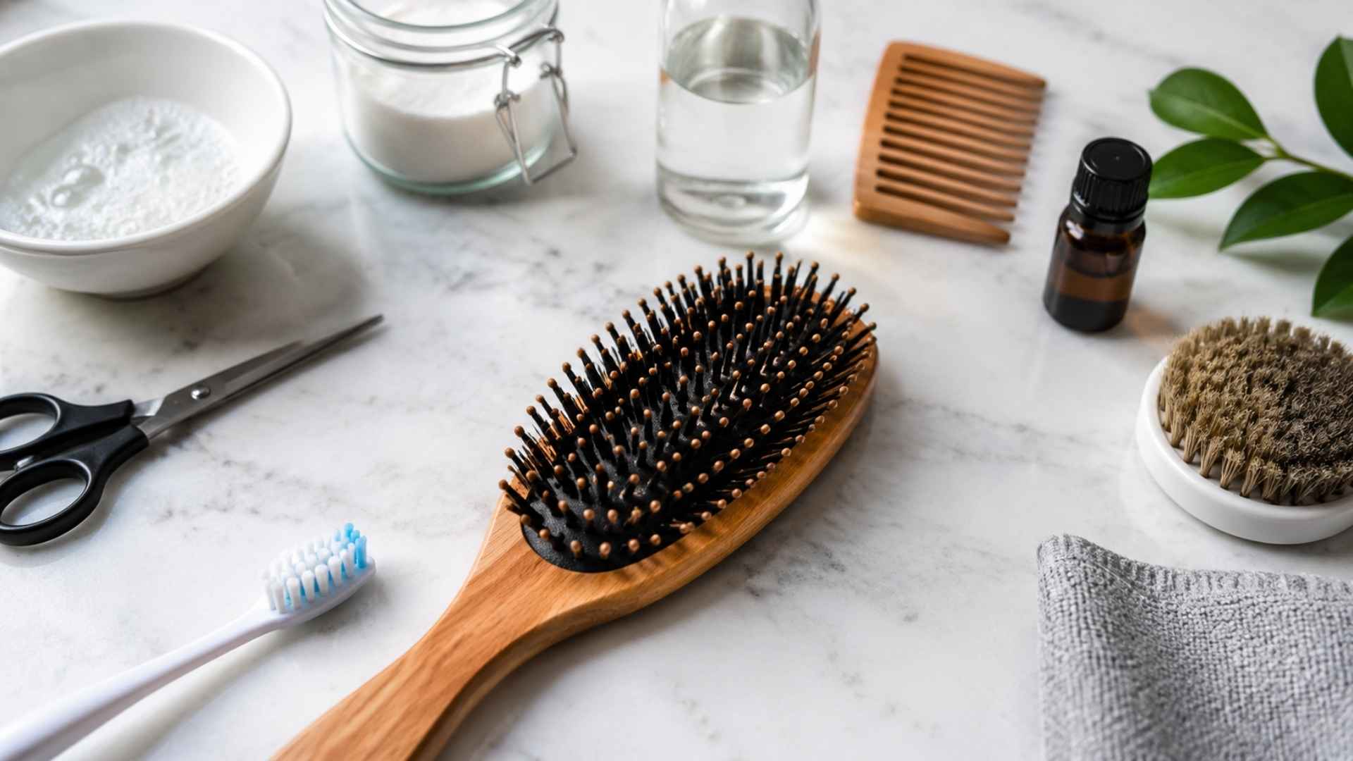 Wooden hairbrush placed on marble surface with cleaning tools and grooming essentials in a bright bathroom setup for care routine