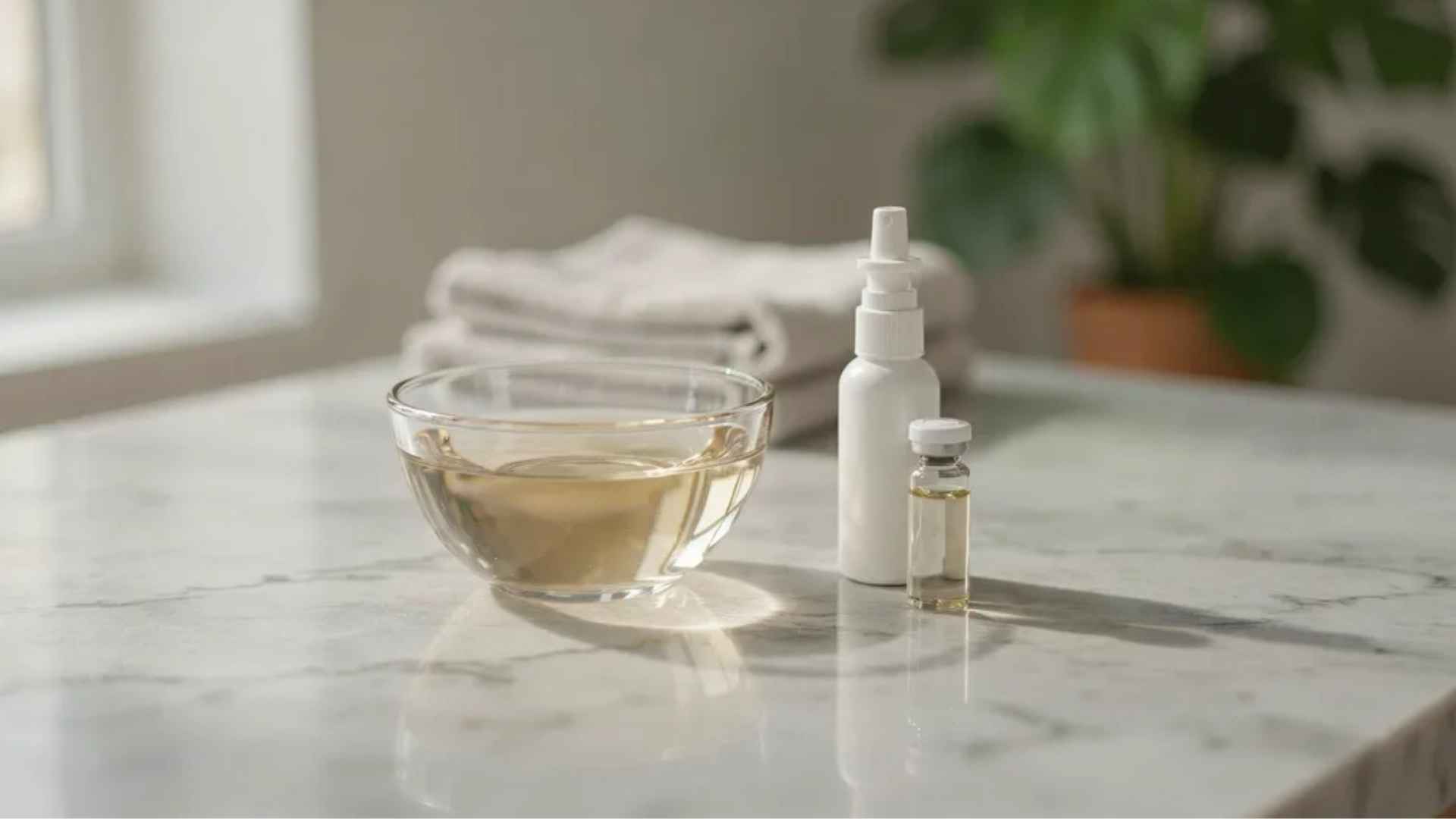Glass bowl of water with nasal spray and wellness items on a bright countertop for congestion relief imagery
