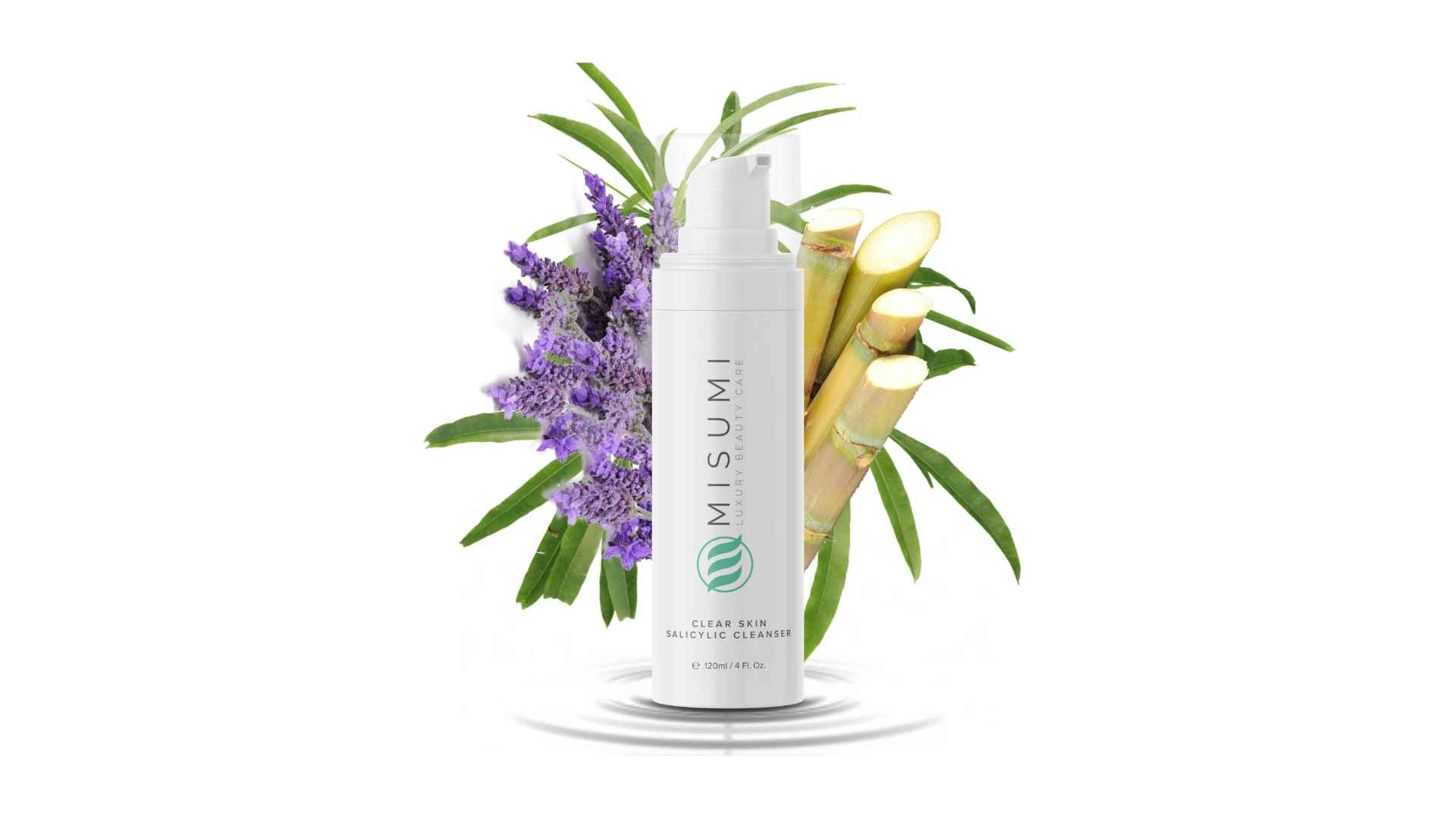 MISUMI clear skin salicylic cleanser bottle with lavender flowers, bamboo, and green leaves background