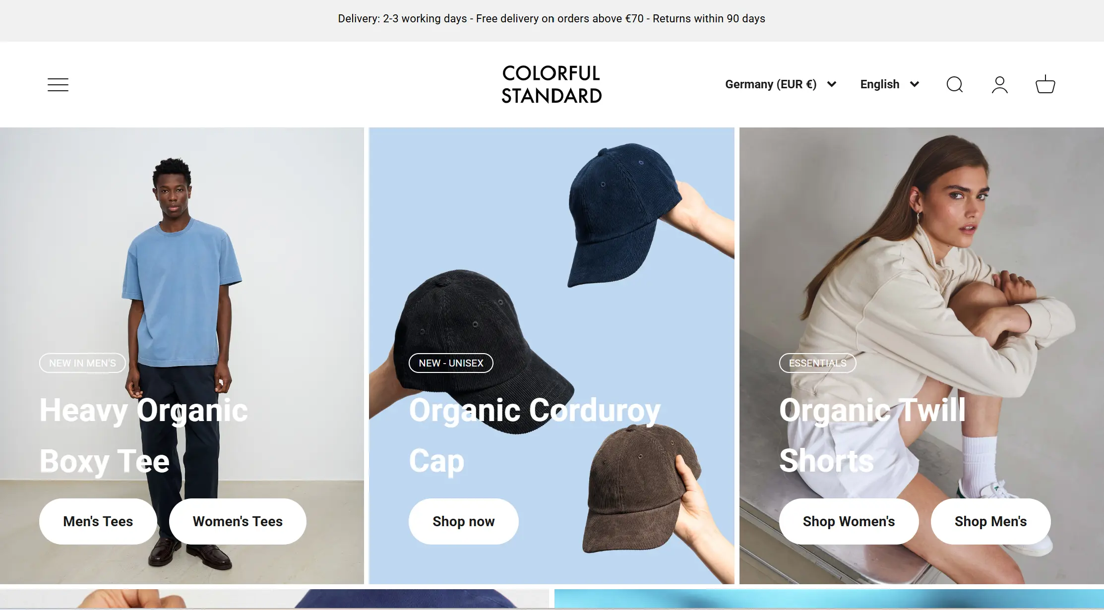 Colorful Standard homepage featuring banners for tees, corduroy caps, and twill shorts.