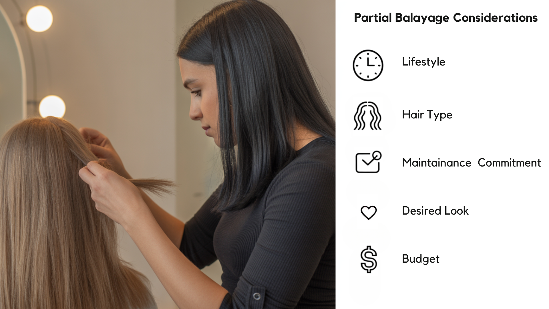 Icons showing lifestyle, maintenance, hair type, budget factors for choosing hair color