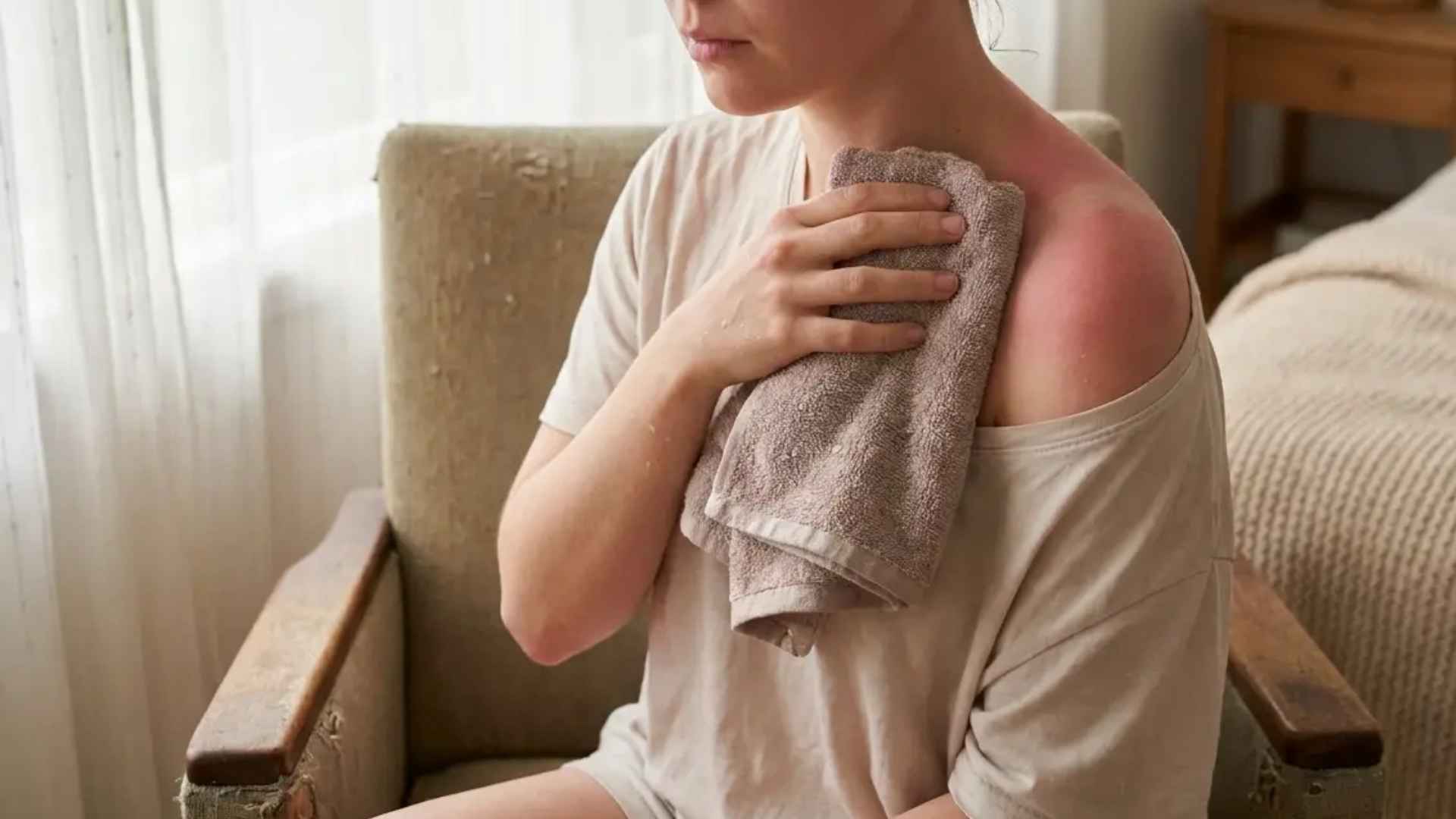 Person soaking in a cool bath, damp cloth pressed on sunburned shoulder