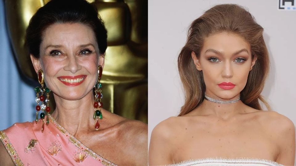 Coral lipstick inspired 80s makeup look featuring Audrey Hepburn and Gigi Hadid