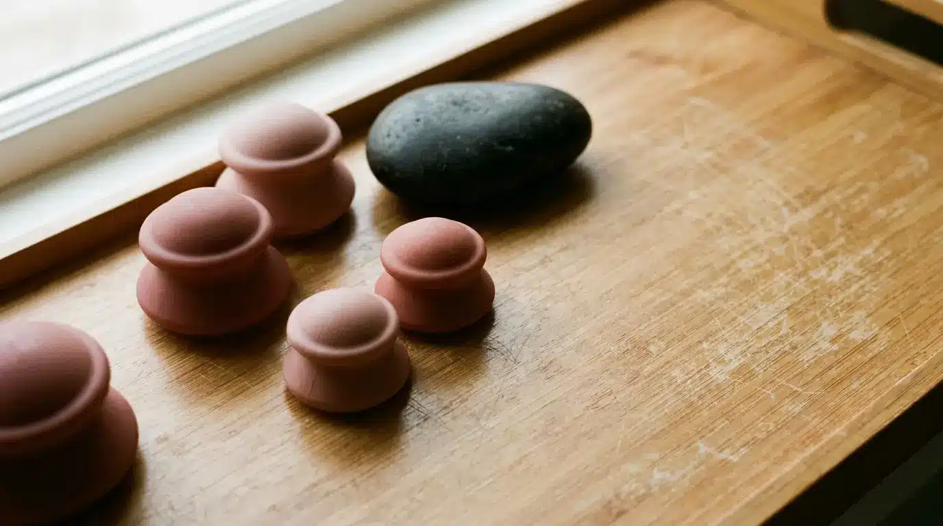Pink silicone massage cups and a black stone on wooden surface near window