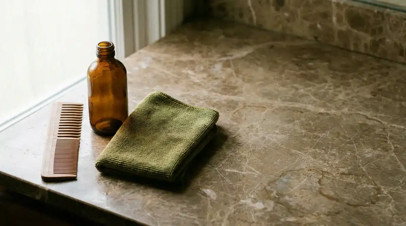 Brown glass bottle and wooden comb on marble countertop with green cloth nearby