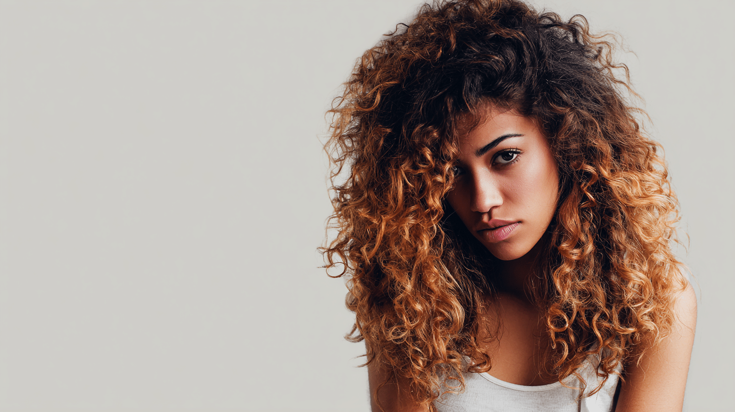 Curly hair with balayage highlights woven through natural curl pattern