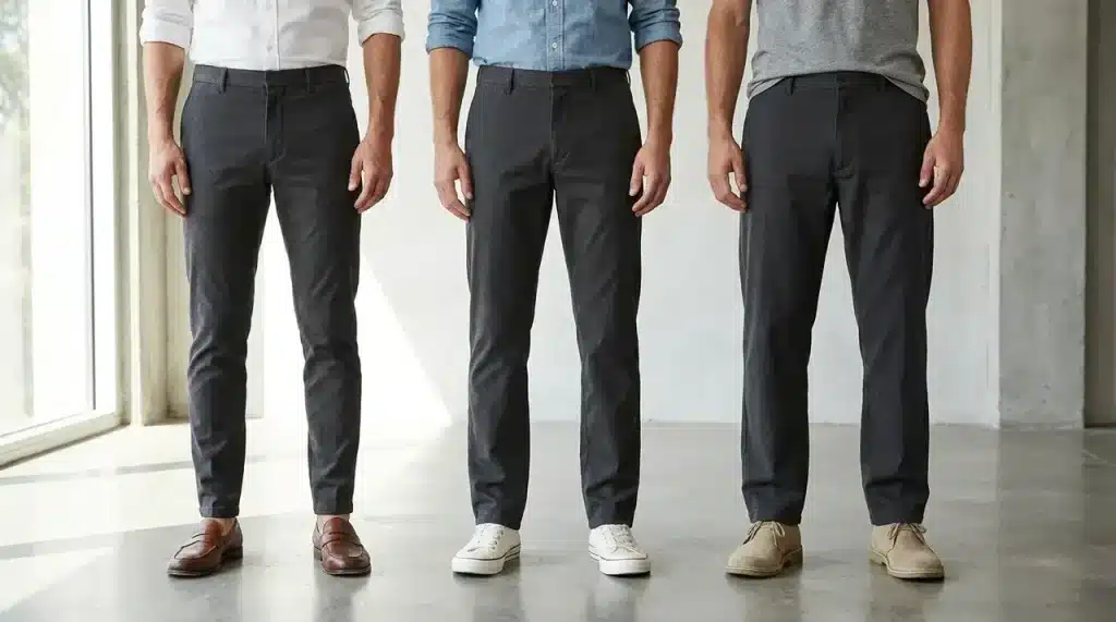 chino pants shown through slim, regular, and relaxed men's fits in dark charcoal fabric with casual shoes