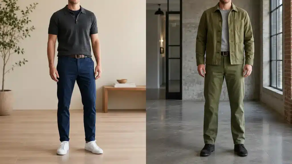 chino pants shown by leg shape, comparing tapered navy chinos with straight leg olive chinos on two men