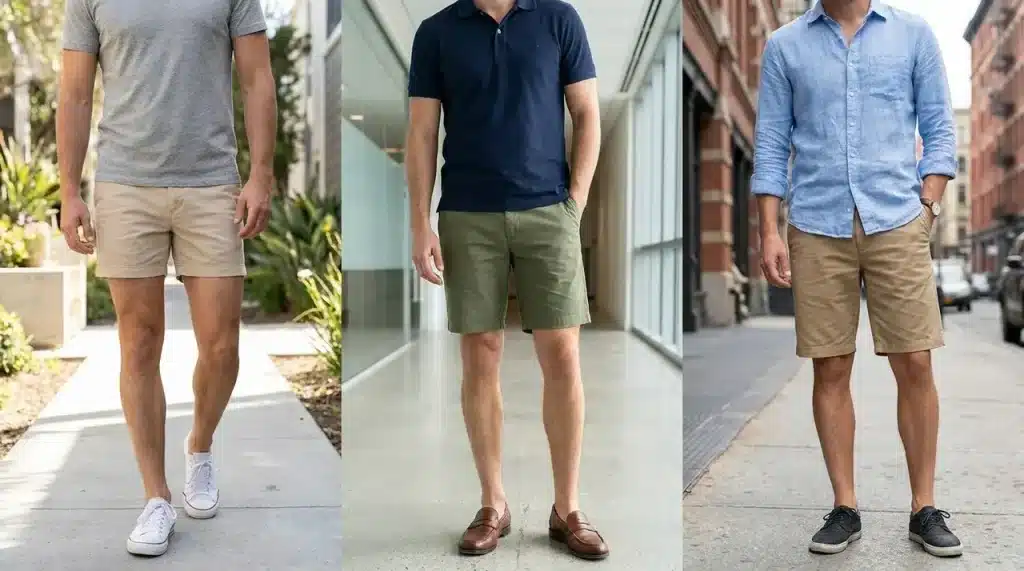 Chino shorts displayed in short, medium, and long lengths showing versatile summer styling with casual tops and shoes