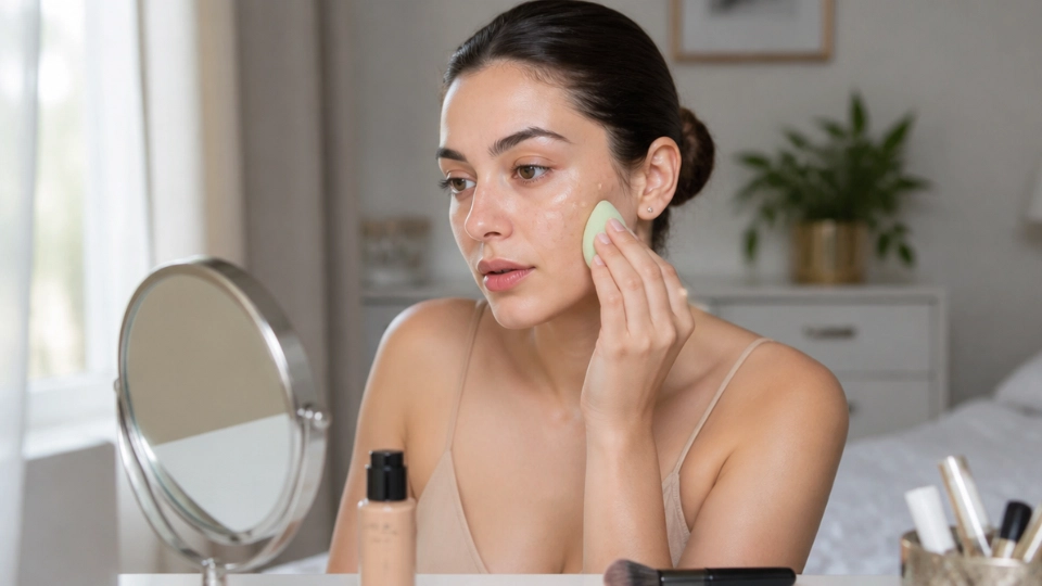 Woman applying liquid foundation makeup with a sponge while creating an even natural looking base on her face