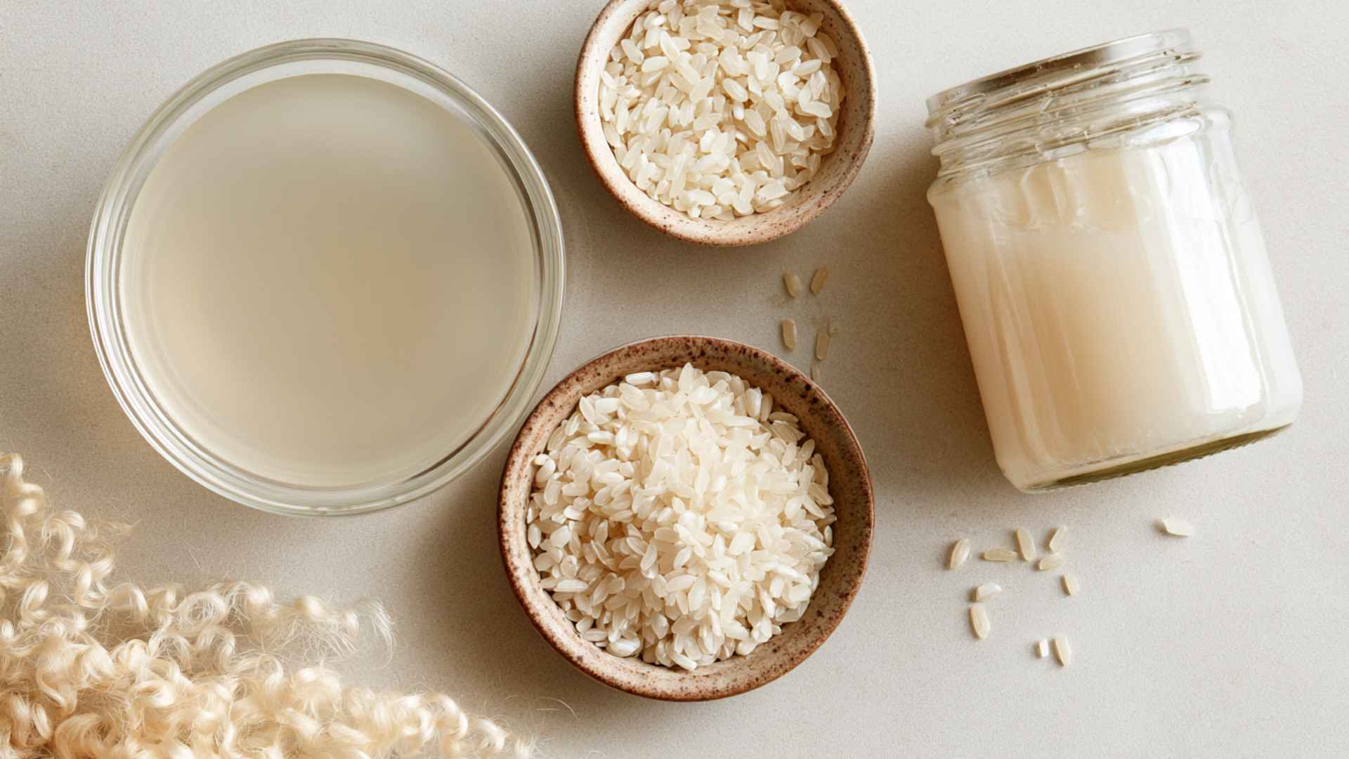 Cloudy rice water in glass bowls and a jar beside uncooked white rice, arranged neatly for a simple curly hair treatment