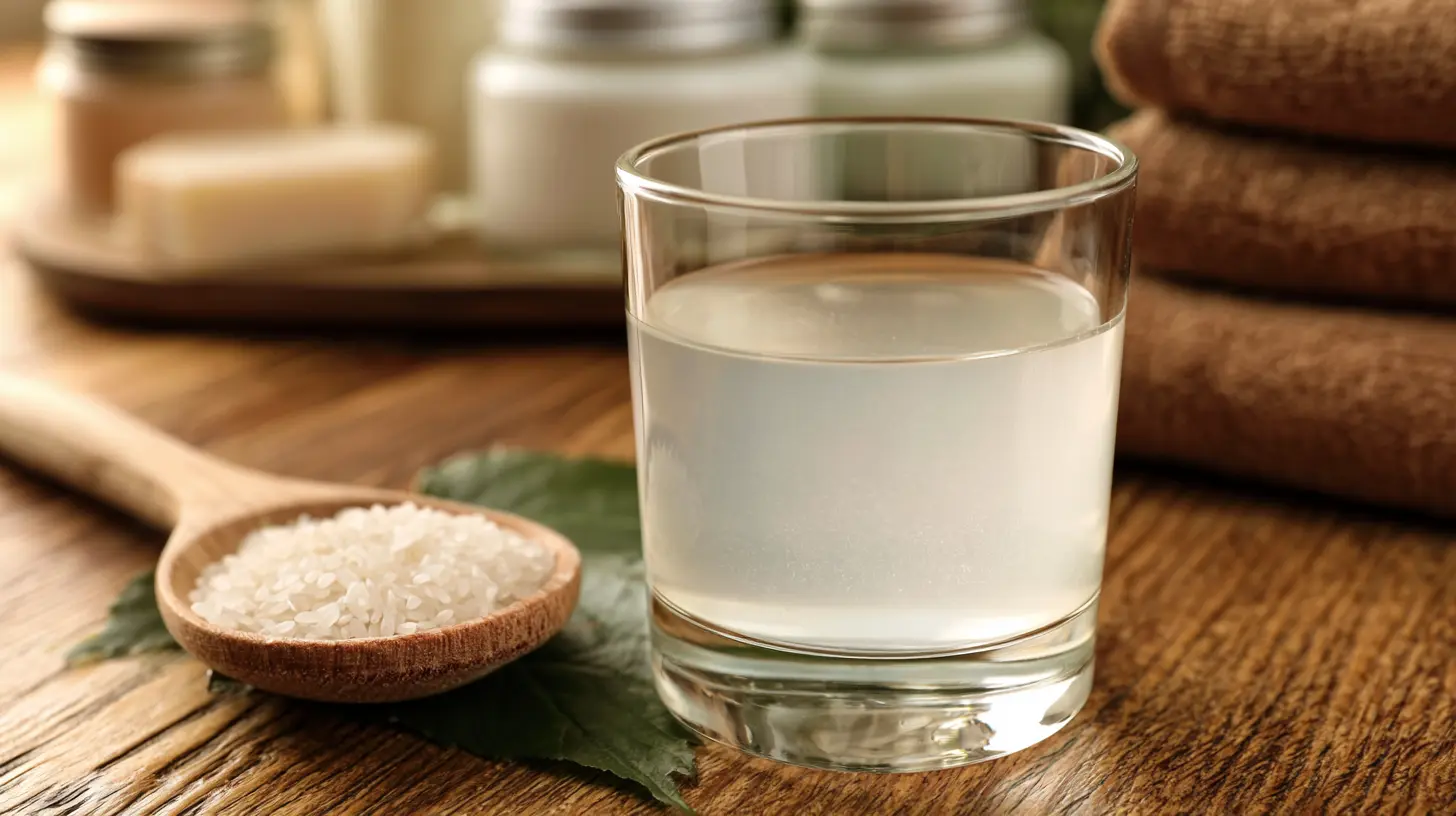 Glass of rice water with uncooked rice in a wooden spoon on a rustic table.