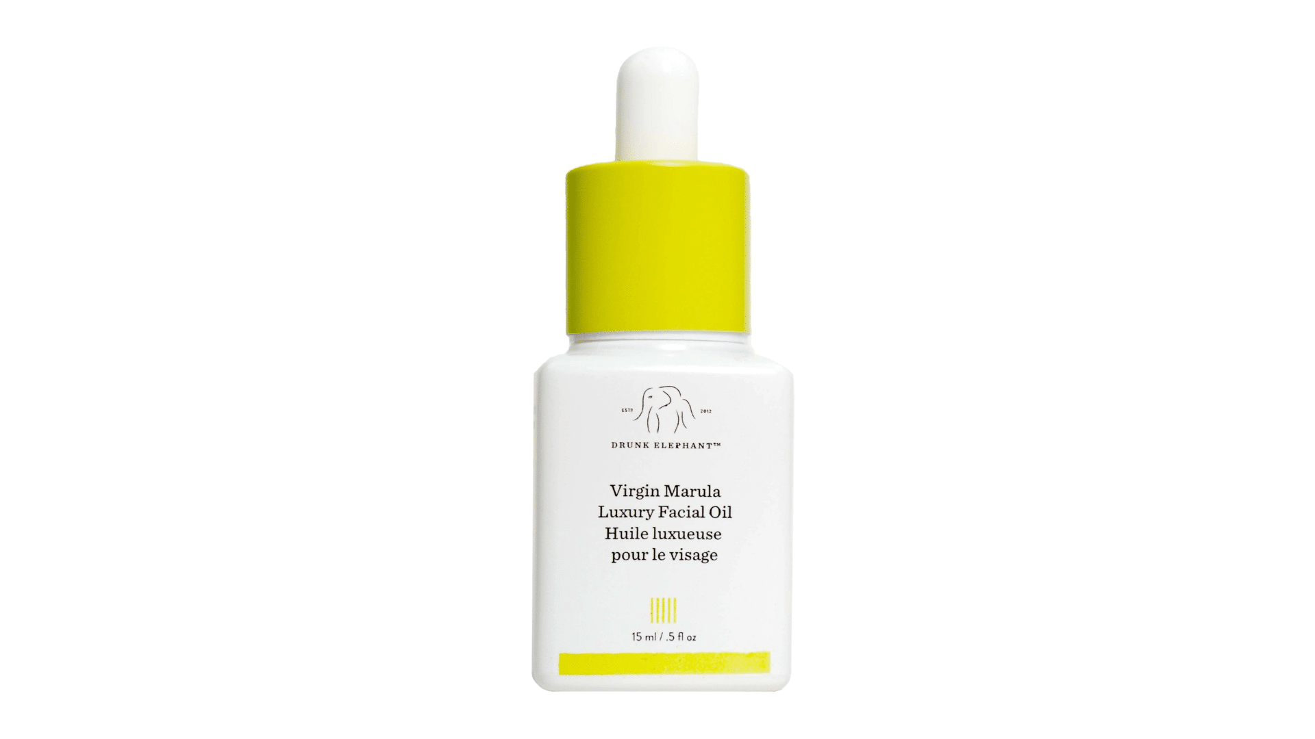 Drunk Elephant Virgin Marula Luxury Facial Oil bottle with white packaging and yellow details displayed on white background